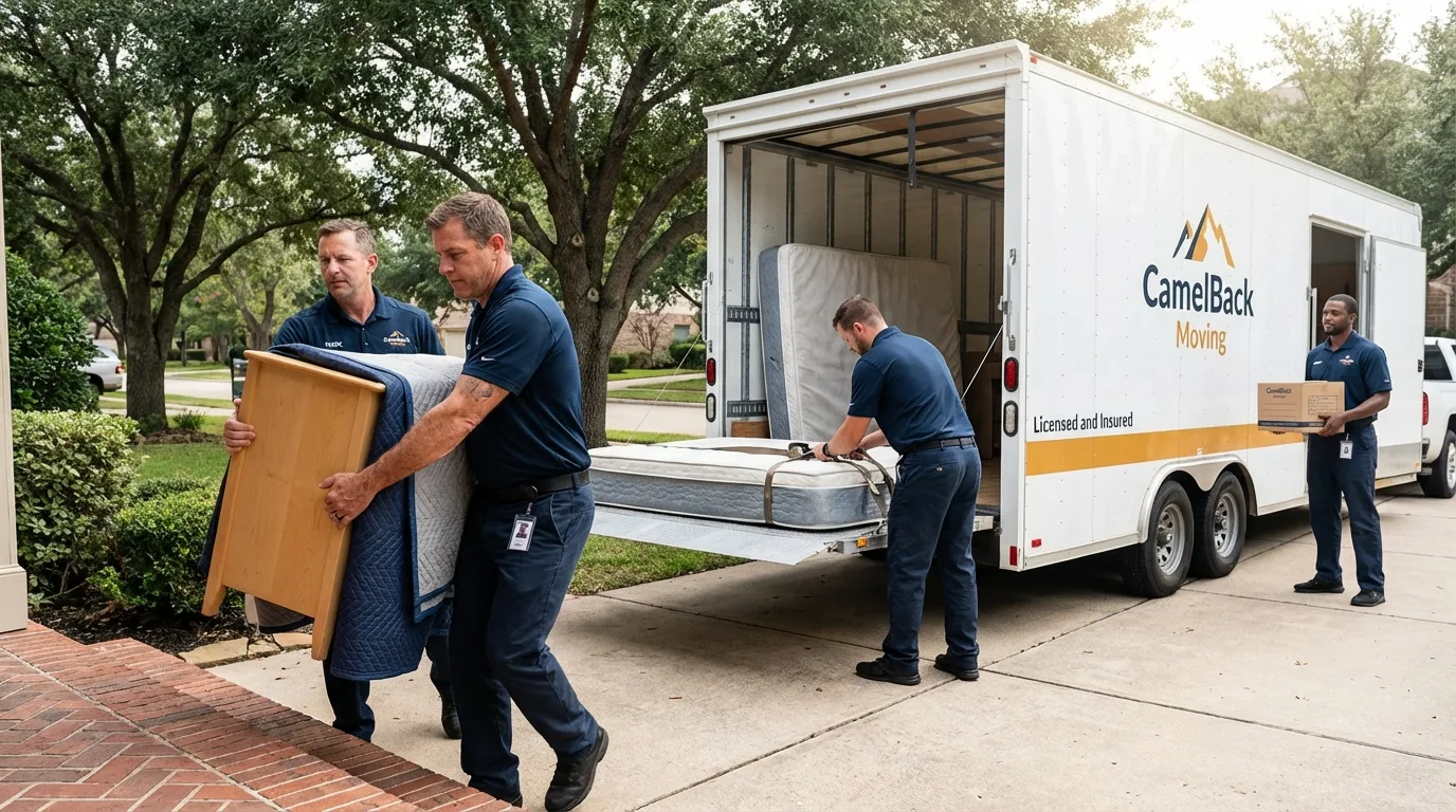 Crew loading residential truck for cross-state move from Cotulla, TX