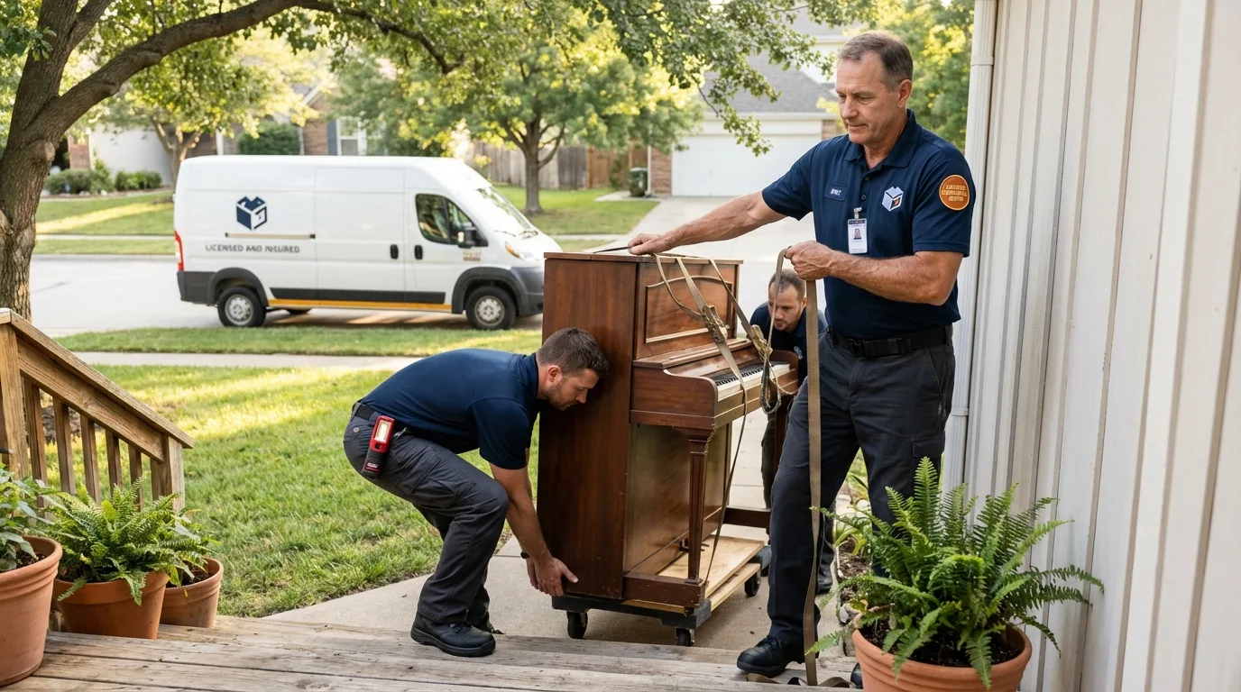 Licensed piano movers securing grand piano in Cotulla, TX