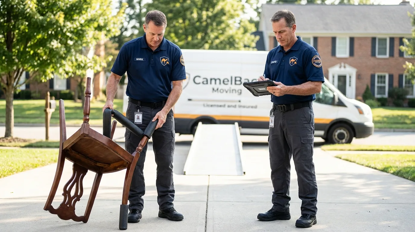 Movers inspecting furniture for damage prevention before loading in Cotulla, TX