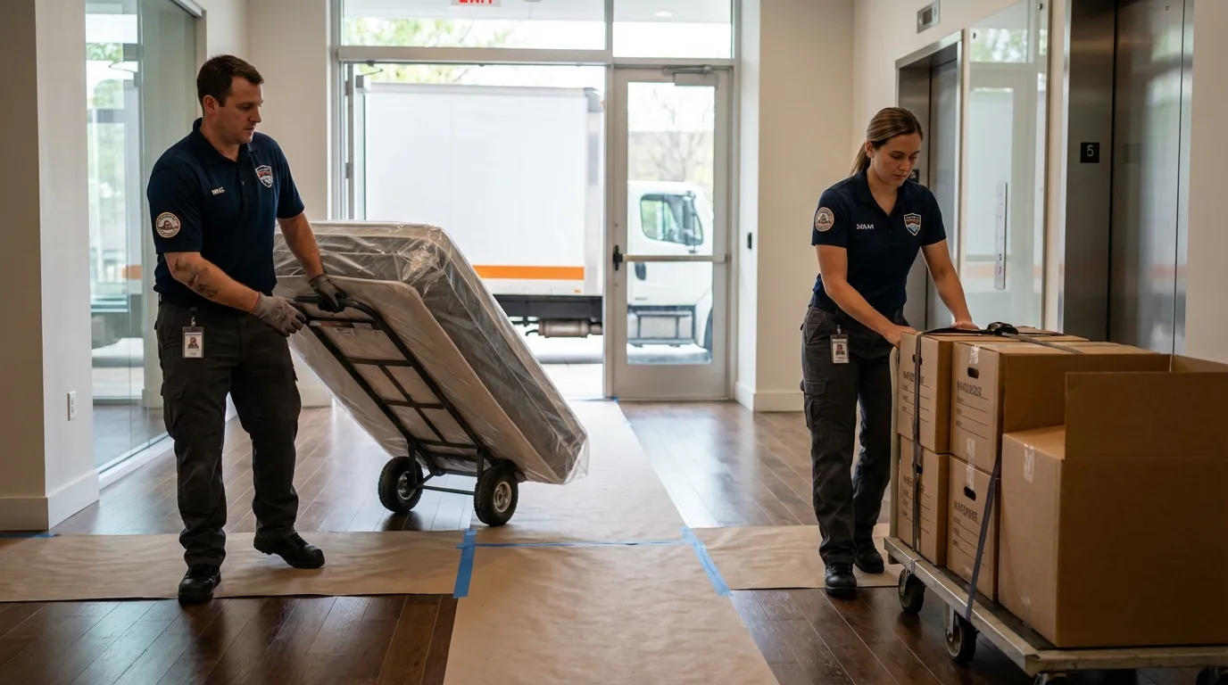 Professional apartment movers loading elevator in Cotulla, TX